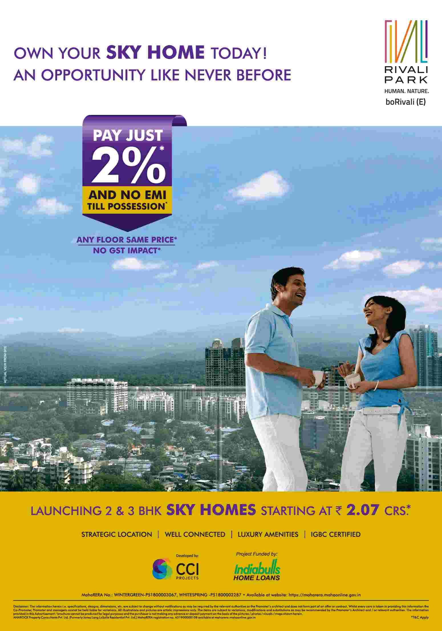 Pay just 2% & no EMI till possession at CCI Rivali Park in Mumbai